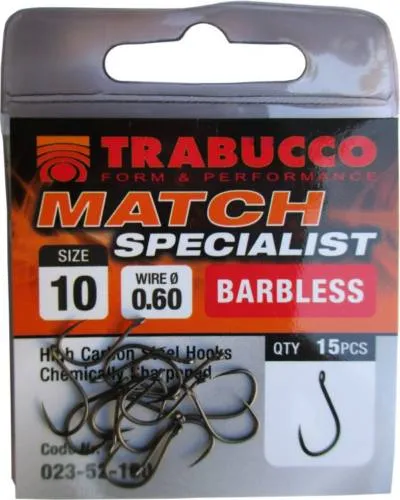 Trabucco Match Specialist szakáll nélküli horog 14, 15 db/csg